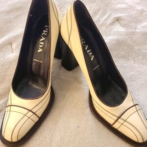Prada block heels, cream with brown stiching, 38.5